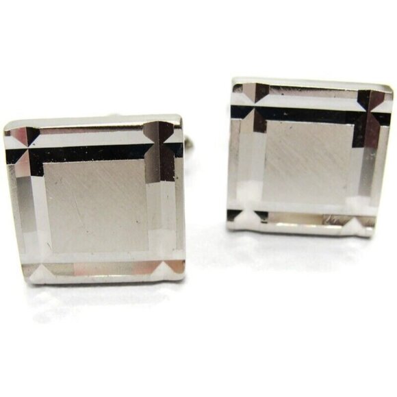 Silver Tone Diamond Cut Square Design Edge Cufflinks Smooth & Rough - Picture 3 of 8